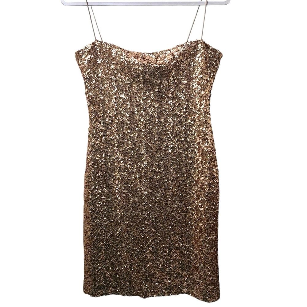 Forever 21 Womens Sequin Mini Dress Size M Rose Gold Spaghetti Strap Club